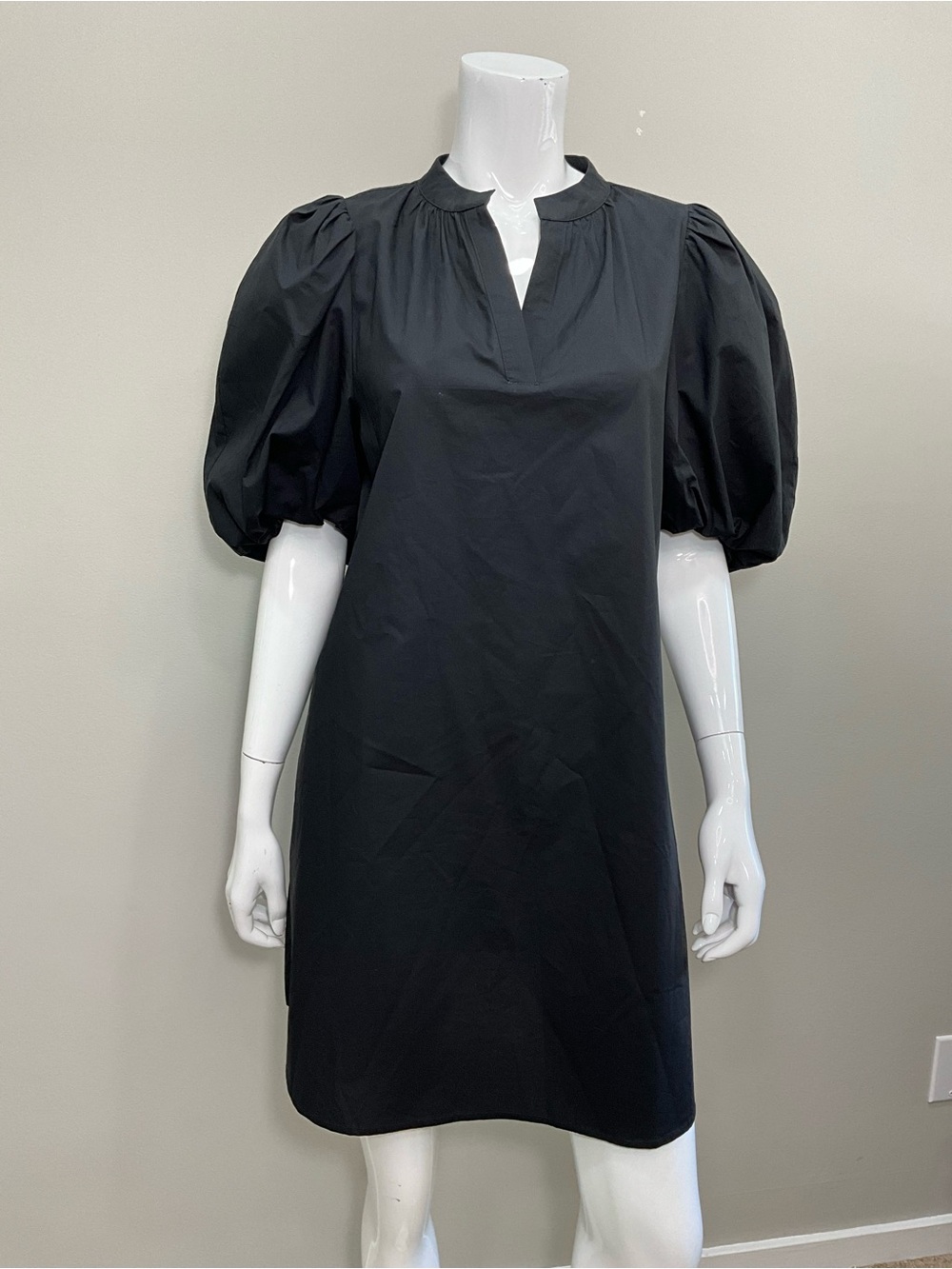 NICOLE MILLER Black Puff Sleeve Mini Dress A-Line Split Neck M Pockets - Picture 3 of 8